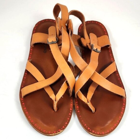 Lucky Brand Women's Tan Leather Sandals Side Buckle Festive Border Design, sz 5 - Picture 1 of 8